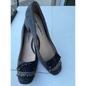 Karl Lagerfeld Paris Gray Wool Block Heel Pumps w/Bow & Studs Size 7.5